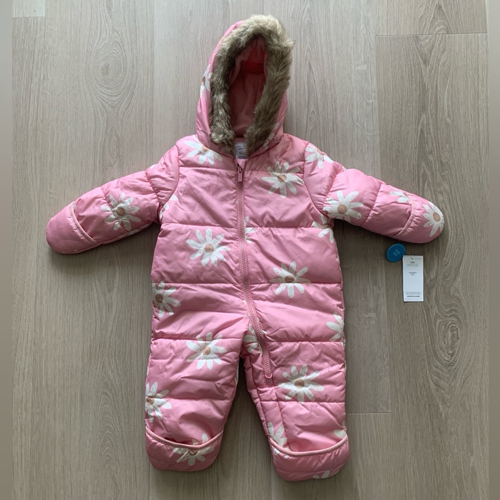 New 12m Carter’s Pink Daisy Snowsuit Toddlers Baby Winter Faux Fur Hooded